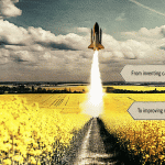 A rocket shoots into the air from a canola field with the phrase written From inventing canola to improving the rocket thruster