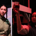 Female actress on stage in a split photo. One side wearing braids with green satin ribbons, a khakhi button up shirt and flowered apron. The second side she is a ghost covered in blood and holding a cup of what appears to be more blood high above her head.