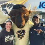 Tracy Bowman with Billy the Bison and AKGassama at Homecoming 2023