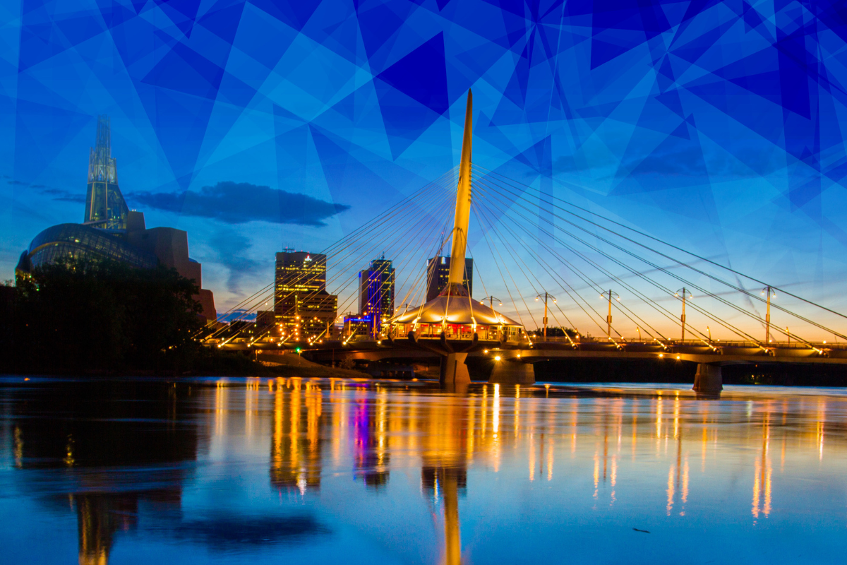 The Winnipeg skyline at dusk, with the Canadian Museum for Human Rights and the Esplanade Riel Bridge in the foreground.