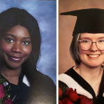Two females wearing graduation gowns. One also wearing a grad cap. Both holding red roses.