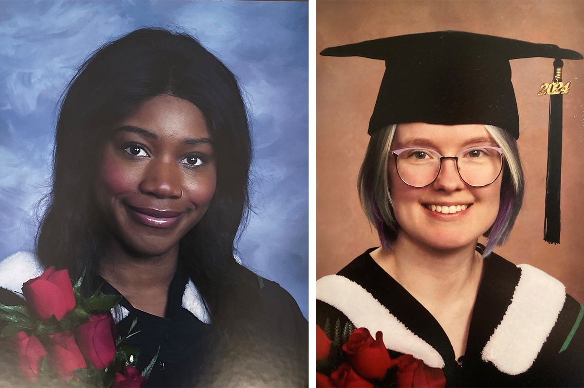 Two females wearing graduation gowns. One also wearing a grad cap. Both holding red roses.