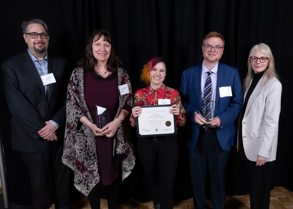 Left to right: Dr. Richard Jochelson, Dean of Law; Ingrid Moehlmann, high school French teacher of (next) Seth Lozinski, Faculty of Law Outstanding Student award winner; Brandon Trask, Assistant Professor, UM Faculty of Law; Diane Hiebert-Murphy, Provost and Vice-President Academic.