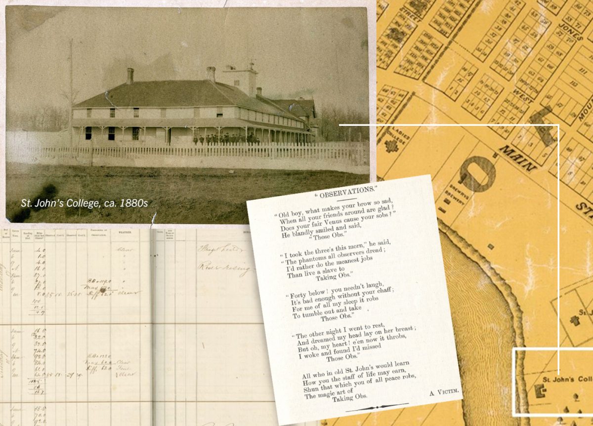A collage of historic documents, photos, and maps from the 1880s.