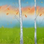 Artwork by Indigenous artist Gayle Sinclair with green grass, blue sky and trees.