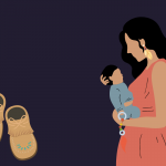 A drawing that shows a child's pair of moccasins and an Indigenous mother cradling a baby.