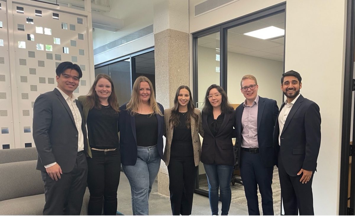 Business and Arts Clinic summer students left to right: Ken Vong (2L), Lisa Haydey (3L), Moira Kennedy (3L), Serena Bevilacqua (2L), Kassandra Taverner (3L), Connor Giesbrecht (3L), Kaeten Wader (3L).