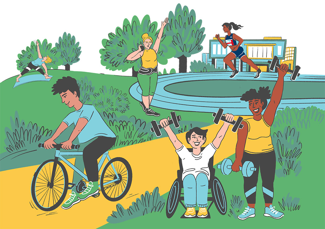 Illustration of diverse people exercising outdoors