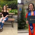 Left side of photo: Cassidy Copple sitting on a bench surrounded by greenery. Right side of photo: Mamie Kroeker-Tom stands in front of the UM administration building holding a diploma and smiling