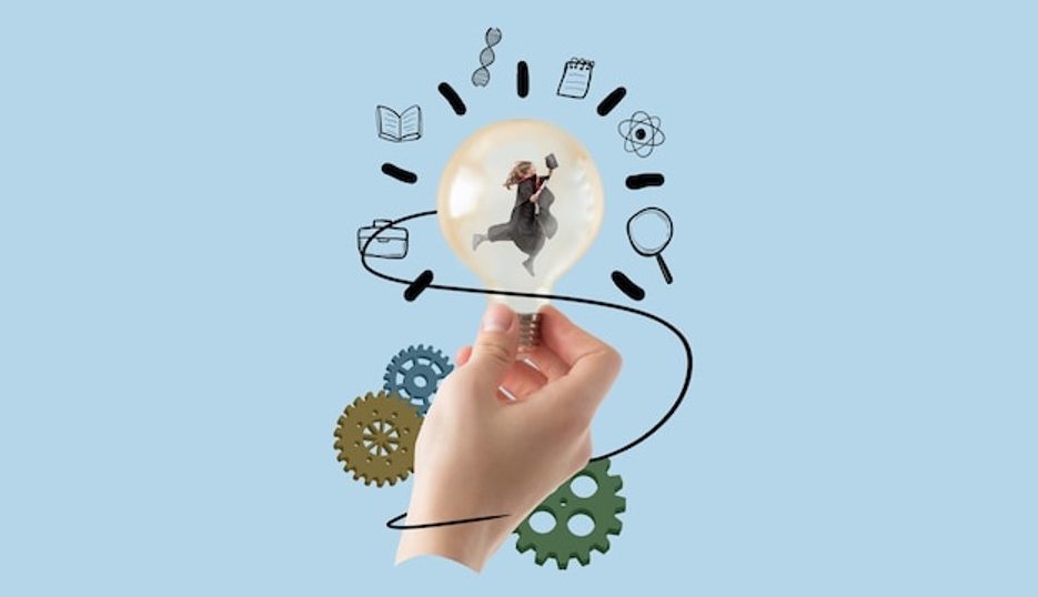 Graphic of a hand holding a lightbulb in which a tiny person is shown running while holding a book the hand and lightbulb are surrounded by gears and sketches of books, science, a magnifying glass and other objects to indicate ideas and learning