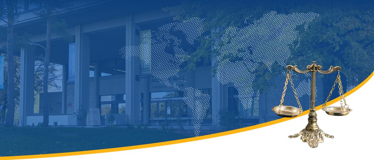 Graphic of exterior of Robson Hall with map of the globe superimposed on top with brass scales of justice in lower right corner