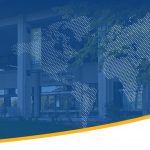 Graphic of exterior of Robson Hall with map of the globe superimposed on top with brass scales of justice in lower right corner