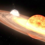 A red giant star and white dwarf orbit each other in a NASA rendering of a nova (NASA)