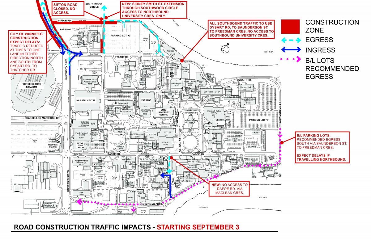 Map showing construction area and traffic update on Fort Garry Campus.