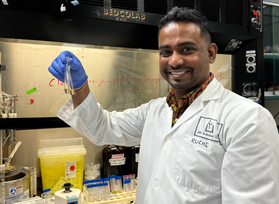 Ruchira Nandasiri and his team are responsible for profiling and optimizing growing conditions for the OCN smart farm to create vegetables that may combat the progression of diabetes. (Karen Pauls/CBC)