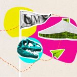 A collage of a dinosaur skeleton, a building, a paper airplane and a UM flag with colourful shapes in the background