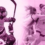 A split image covered in a pink over lay of the women's hockey team celebrating on the left and a bisons women's basketball player on the right