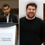 On the left, male student speaking from a podium. On the right, male student smiling standing in front of a research poster.