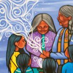 Artwork by Jackie Traverse featuring Elders with youth.