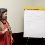 Brazillian woman with Black and grey curly hair (Cintia Costa) facilitating as session.