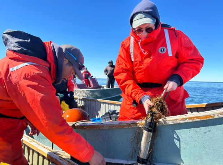 Researchers Travis Qaunaq, left, from Igloolik, Nunavut, and Madison Sheritt of the University of Manitoba pull a hydrophone out of the water in Foxe Basin. (Submitted by C-Jae Breiter/DFO)