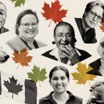 A series of faces, in black and white, on a cream background, with maples leafs scattered