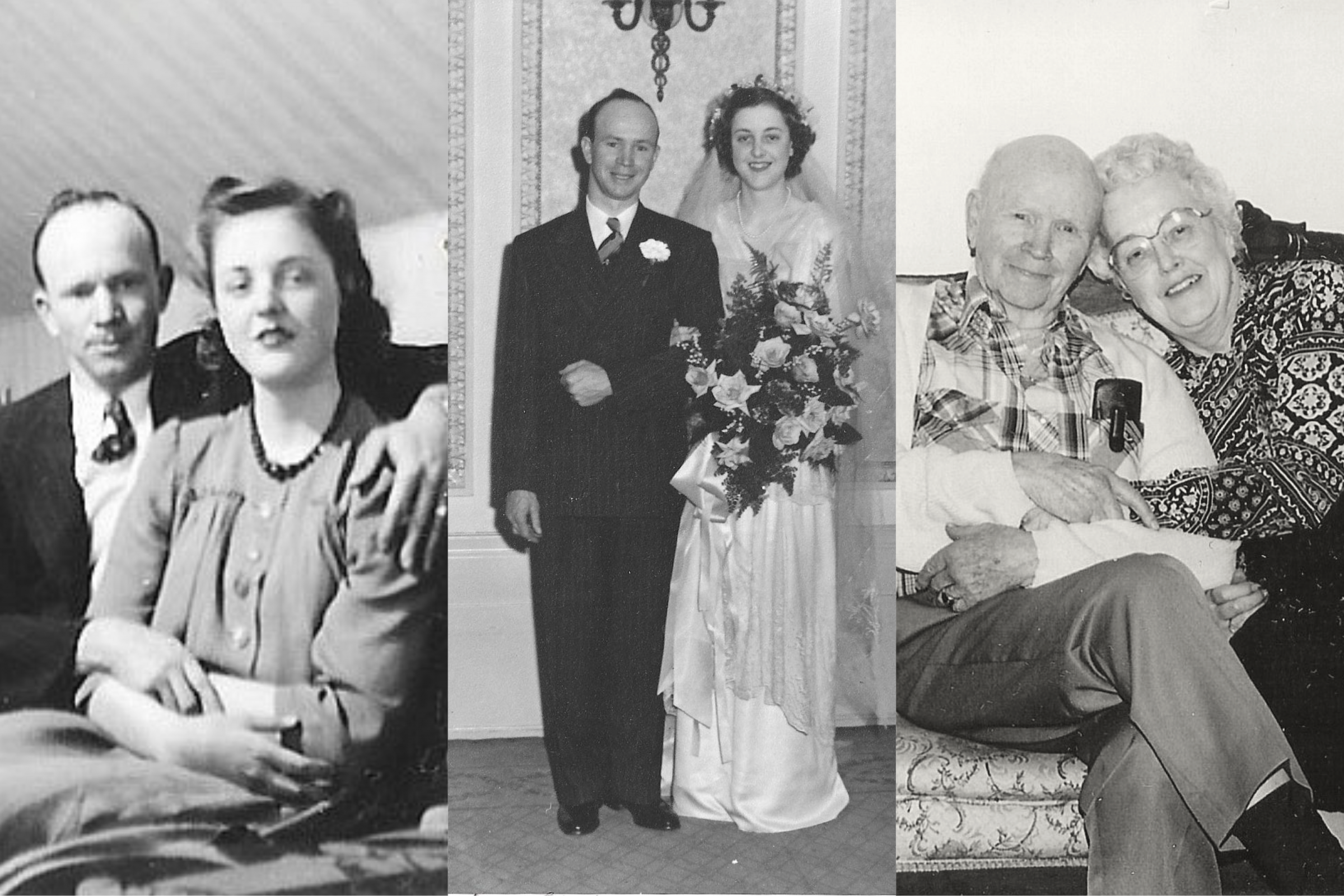 A collage of a couple over their lifetime: when they first met at university, on their wedding day and in their golden years.