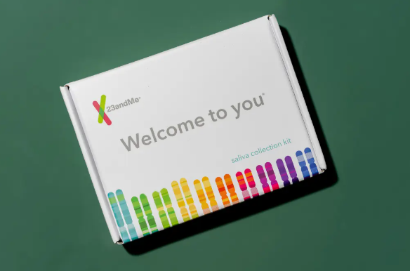 23andMe test kit box.