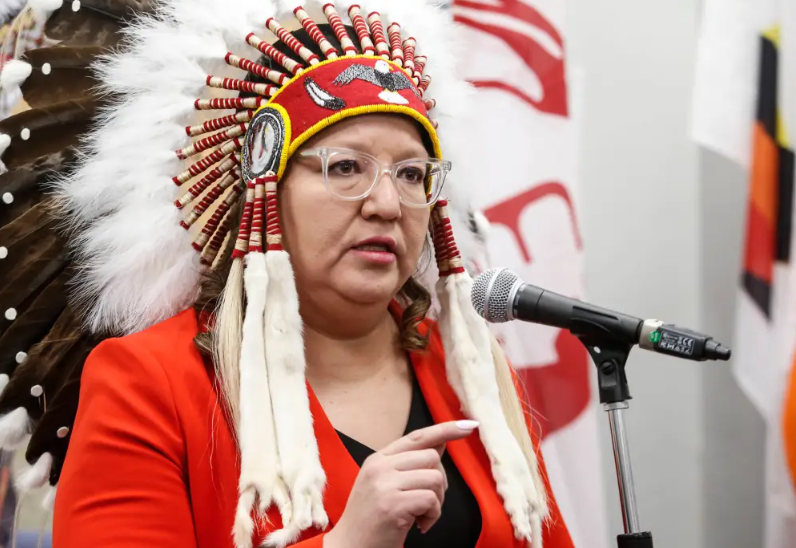 JOHN WOODS / THE CANADIAN PRESS Assembly of First Nations National Chief Cindy Woodhouse speaks at an Assembly of Manitoba Chiefs (AMC) press conference Thursday for Theresa and Albert Shingoose, parents of Ashlee Shingoose.