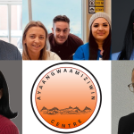 A logo for the Ayaangwaamiziwin Centre, surrounded by photos of some of the researchers involved with the initiative.