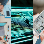 Collage of computer, cell phone and circuit board