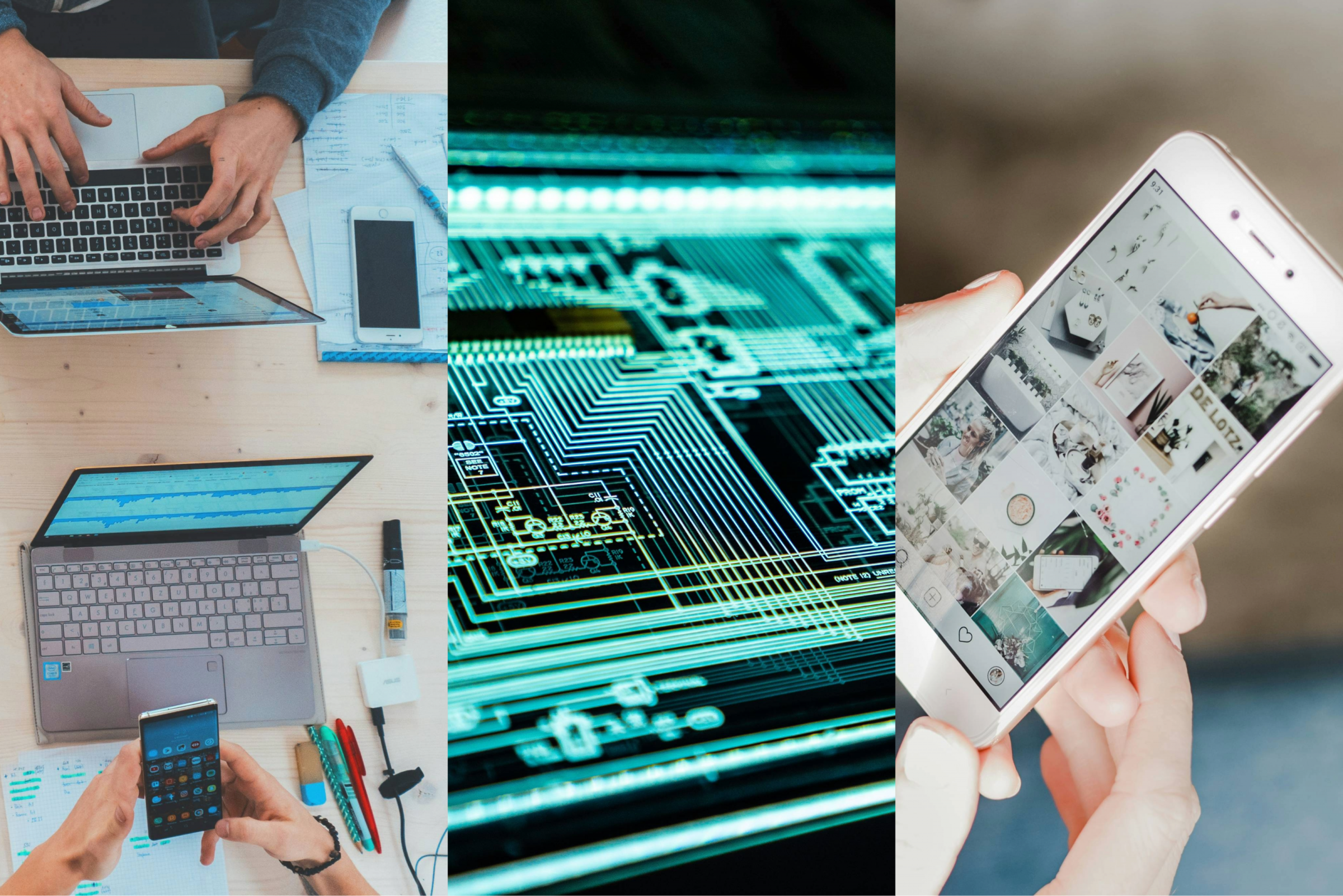 Collage of computer, cell phone and circuit board