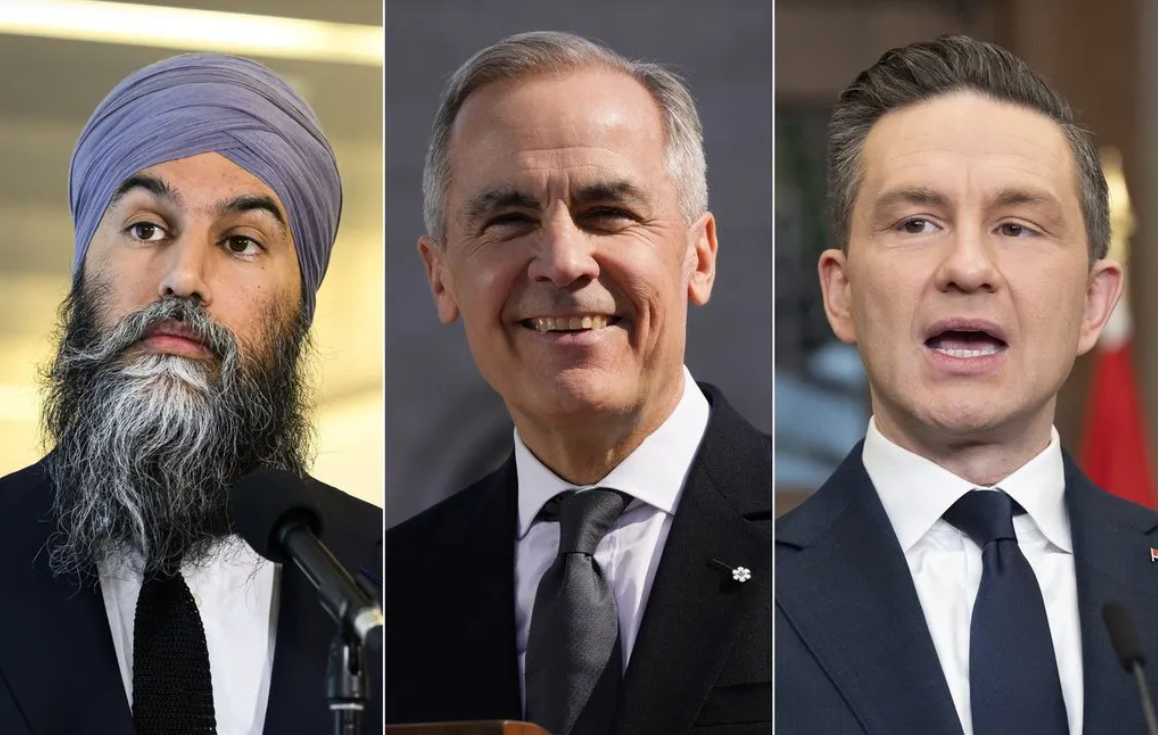 Canada Election 2025: (Left to right) - NDP Leader Jagmeet Singh speaks in Ottawa on Jan. 22, 2025; Liberal Leader Mark Carney speaks in Ottawa on March 14, 2025; Conservative Leader Pierre Poilievre speaks in Ottawa on Monday, March 10, 2025. Justin Tang, Adrian Wyld/ The Canadian Press