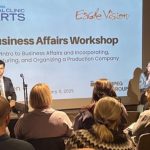 Ravi Balchan and Lisa Haydey, Manitoba Legal Clinic for the Arts clinicians, presenting to On Screen Manitoba Business Affairs Workshops for Emerging Producers and Filmmakers