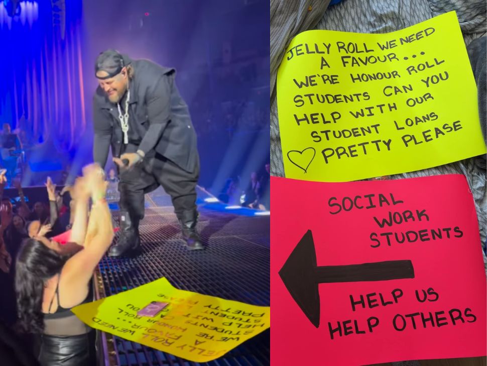 Inner City Social Work honour roll students Deandra Courchene and Briana Knott receive promise from Jelly Roll to pay off student loans.