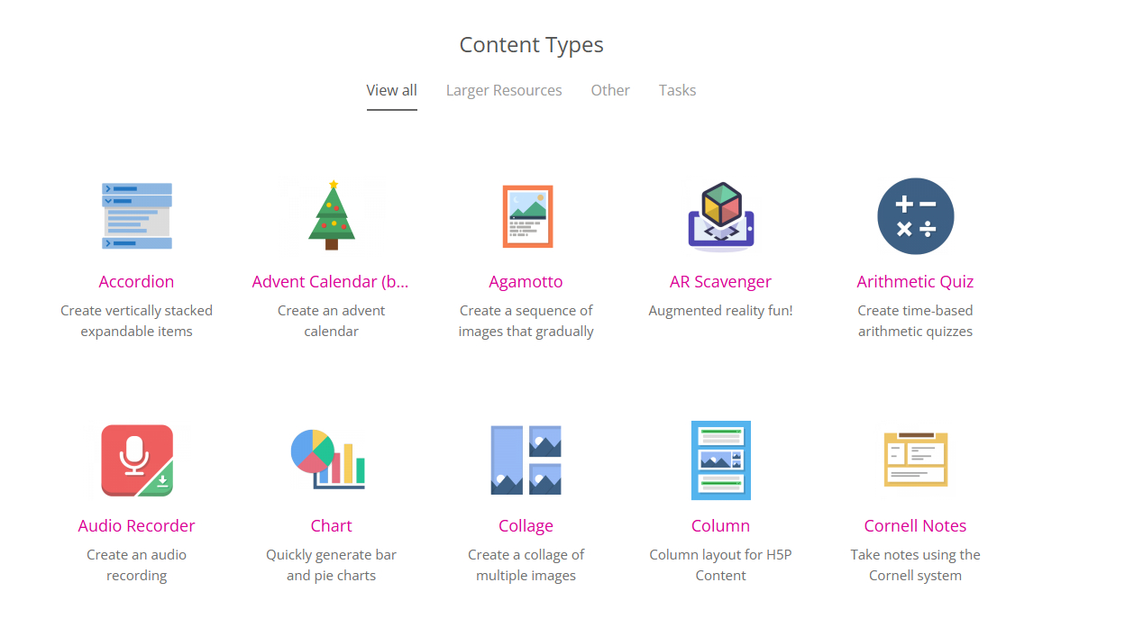 Different kind of activities possible with the H5P plugin in Pressbooks including quizzes, charts, audio recordings and more