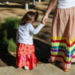 An adult is holding a child's hand. They are wearing ribbon skirts.