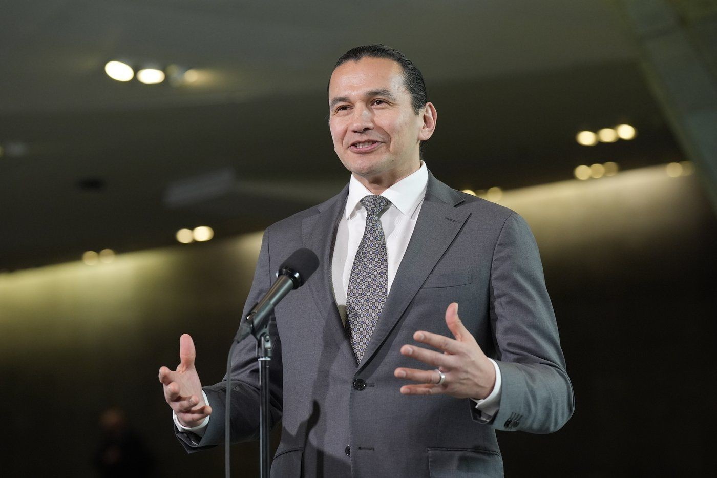 Manitoba Premier Wab Kinew speaks with media before at a First Ministers Meeting at the National War Museum on Friday, March 21, 2025, in Ottawa. THE CANADIAN PRESS/Adrian Wyld