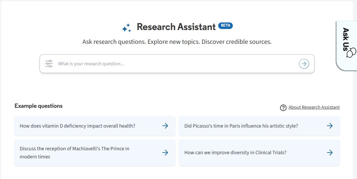 The search book of the Libraries AI Research Assistant with sample prompts