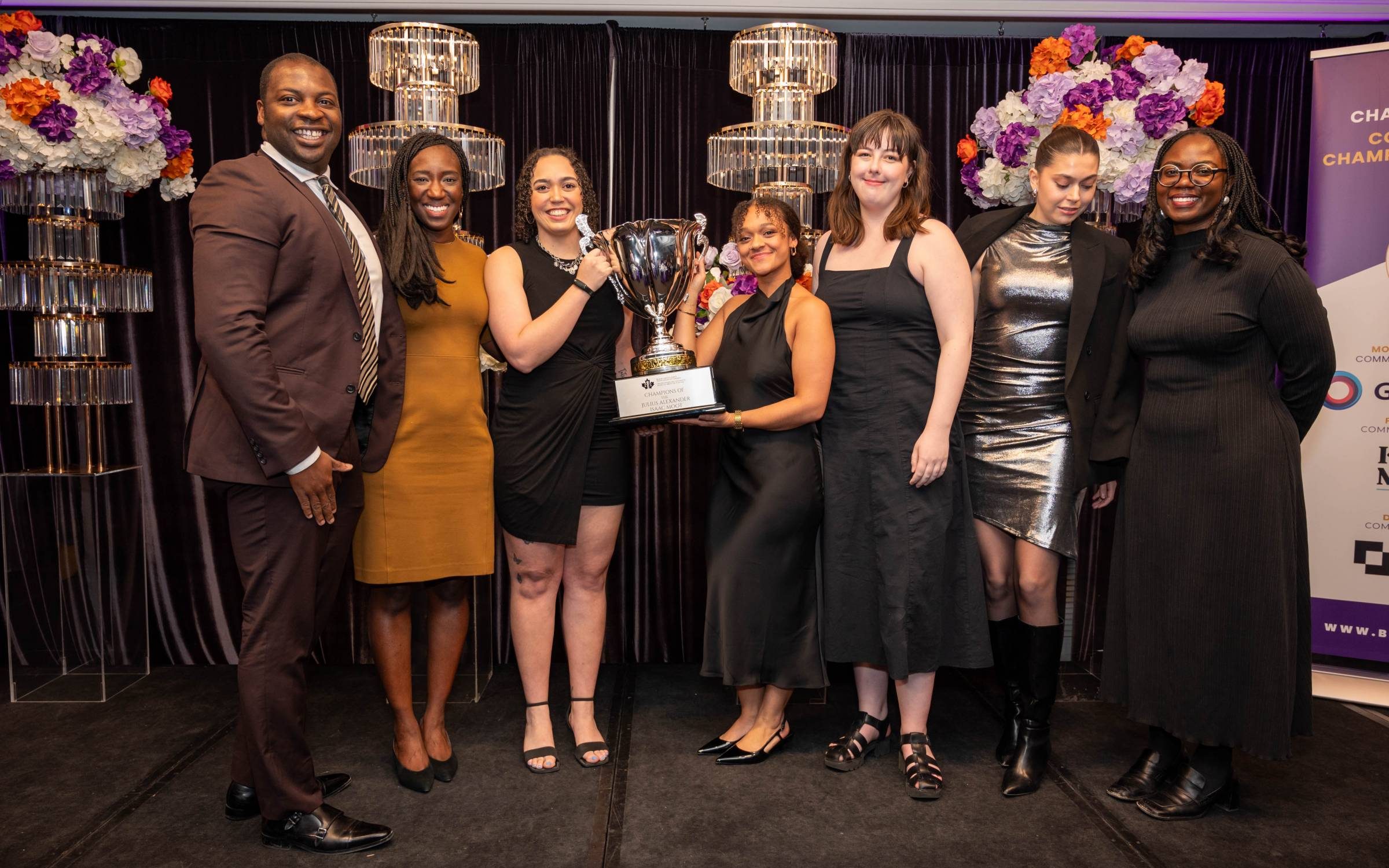 Team Manitoba and coaches left to right: Michael Badejo (Fillmore Riley), coach; Deborah Yeboah (TDS), coach; Quinn Thomas, 3L; Talia David, 3L; Kira Wardrop, 2L; Kennedee Hills, 3L; Chimwemwe Undi (TDS), coach. Photo credit: Blessing Uja, BLSAC.