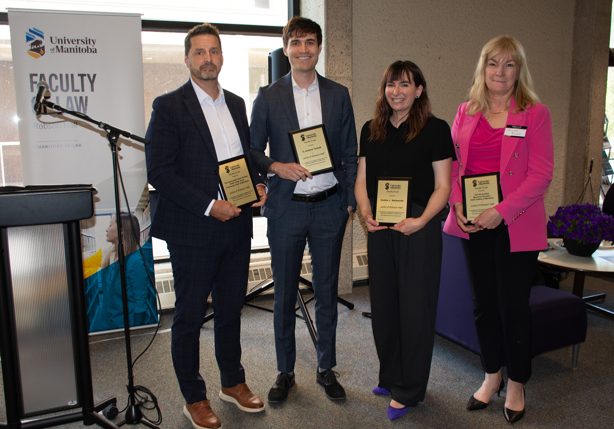 Robson Hall’s newest Jurists (left to right): The Honourable Ryan Rolston, Chief Judge of the Provincial Court of Manitoba; D. Andrew Torbiak; Heather L. Wadsworth; The Honourable Marianne Rivoalen, Chief Justice of Manitoba.