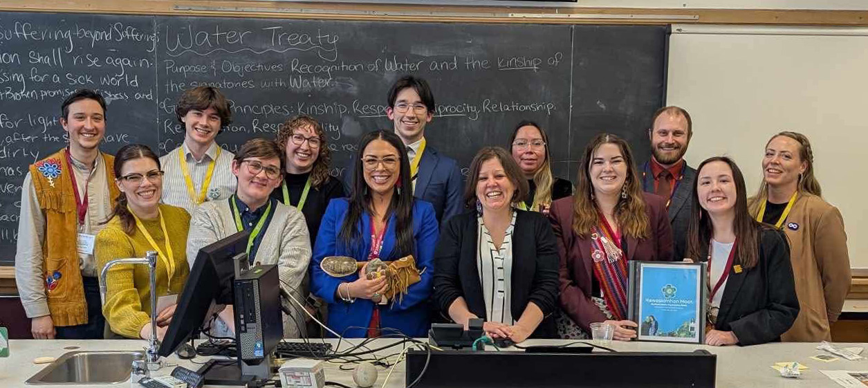 The 2025 Kawaskimhon at Lakehead University, Thunder Bay, ON. Tam Manitoba included Janell Jackson (front, middle in blue), Mary Charlet-Lathlin (back, 3rd from right), Chloe Dreilich-Girard and Raven Morrisseau (front, 2nd and 1st from right).