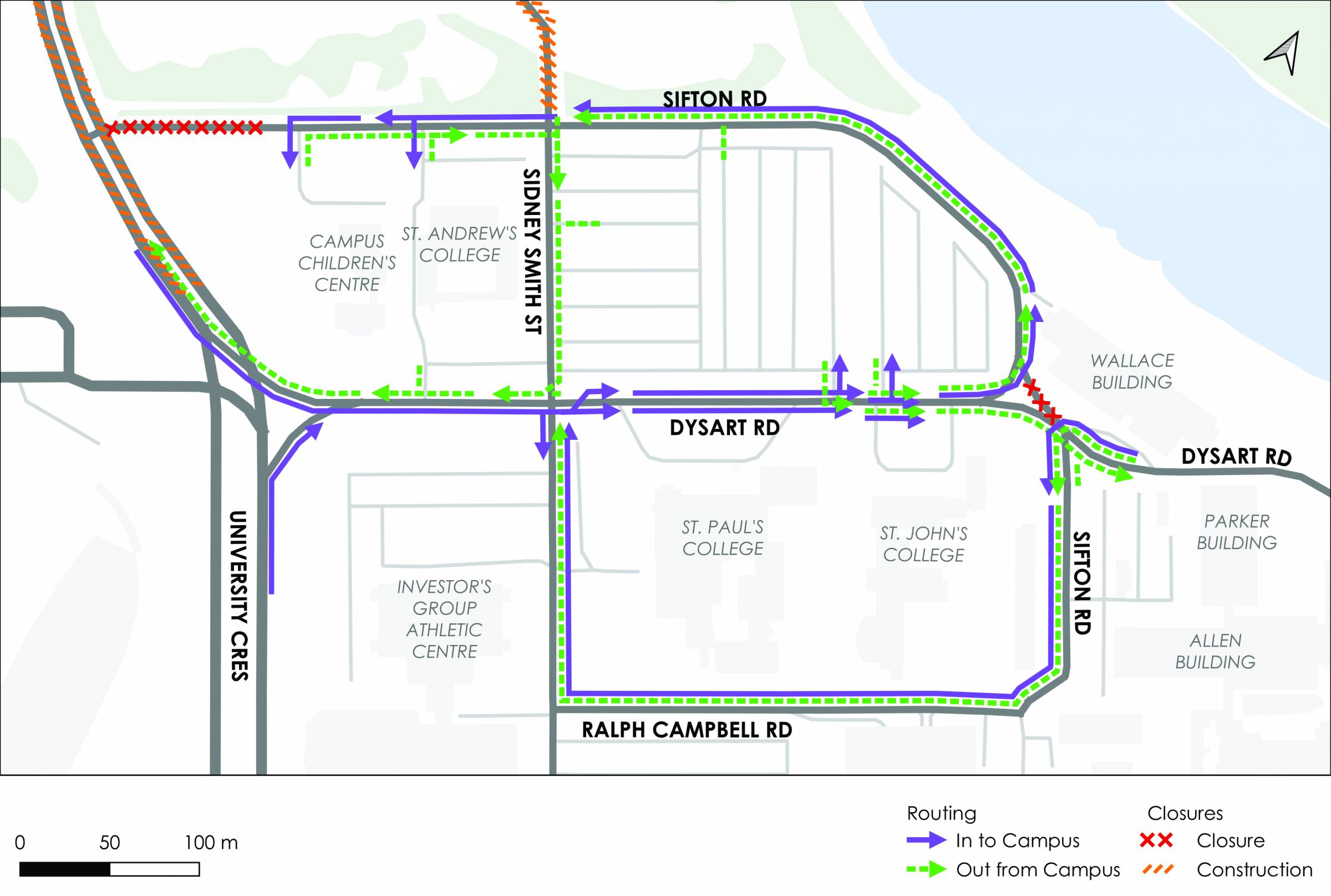 Map showing road construction and detours on Sifton Rd.