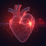 An illustration of a human heart on dark background.