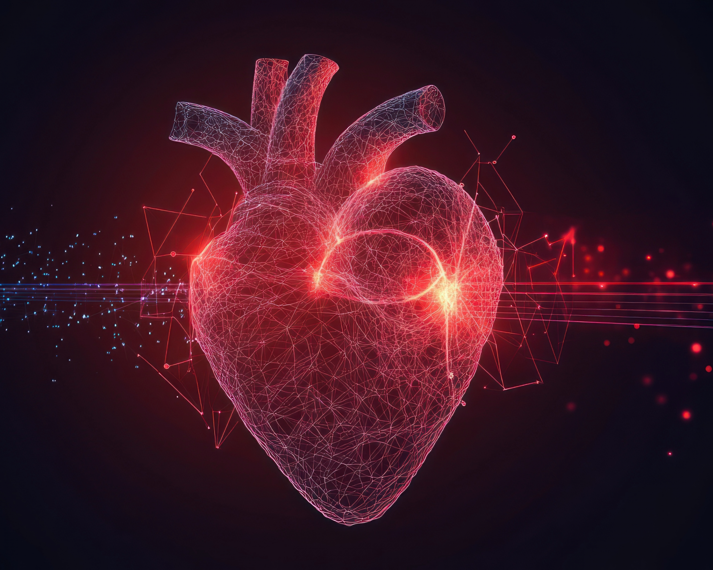 An illustration of a human heart on dark background.