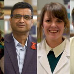 Side by side portrait photo of 4 faculty members all smiling and looking at the camera.