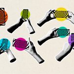 An illustration of multiple sets of hands holding smart phones with swirls on the screen