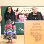 St. Theresa Point educator Stephanie Wood speaks at the GOOSE launch ceremony, along with Tricia Manoakeesick and Margaret Hart.