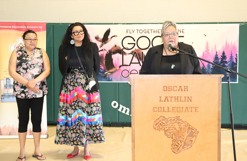 St. Theresa Point educator Stephanie Wood speaks at the GOOSE launch ceremony, along with Tricia Manoakeesick and Margaret Hart.