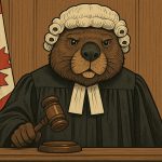 A cartoon showing a beaver as a judge in a Canadian courtroom